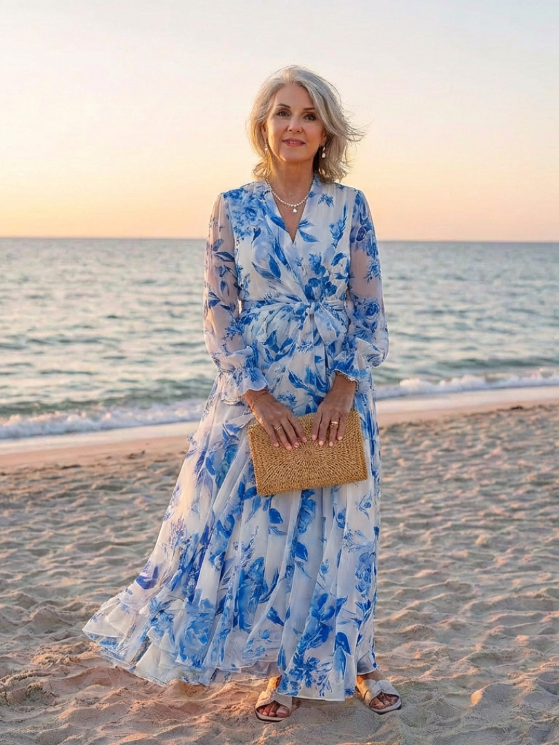 Lillian blue floral wrap maxi dress worn on the beach at sunset