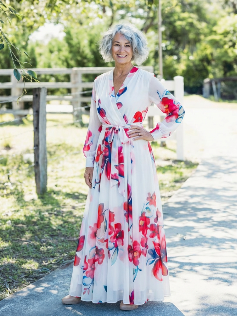 Lillian floral wrap maxi dress in red floral worn outdoors on a country path
