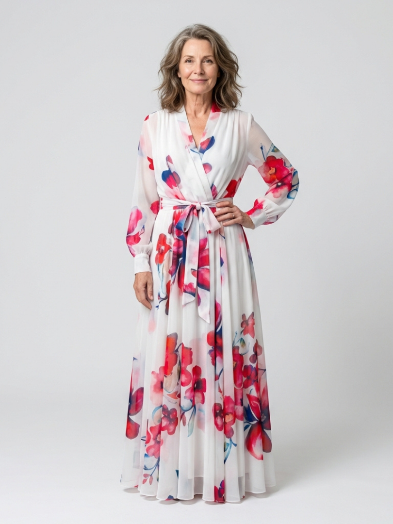 Lillian floral wrap maxi dress in white with red blooms, front view