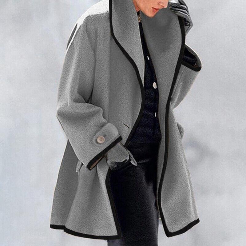 Valora oversized trench coat in grey with black border, front view