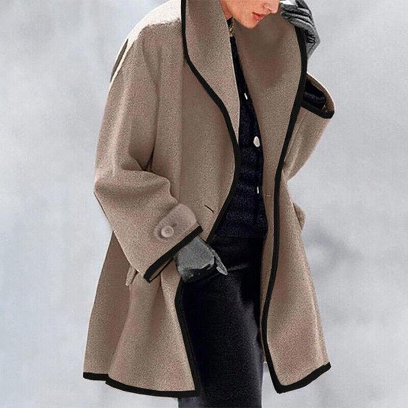 Valora oversized trench coat in khaki with black trim, front view