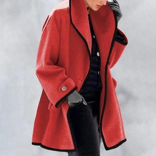 Valora oversized trench coat in red with black trim, front view