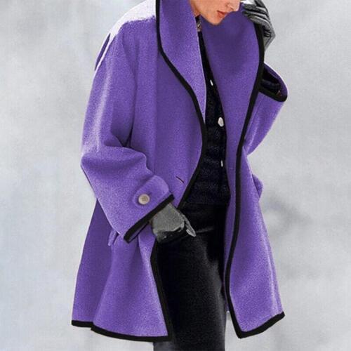 Valora oversized trench coat in purple with black trim, front view