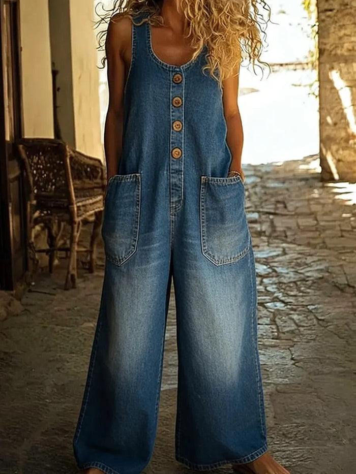 Ruth vintage washed denim overalls in blue, full-length front view