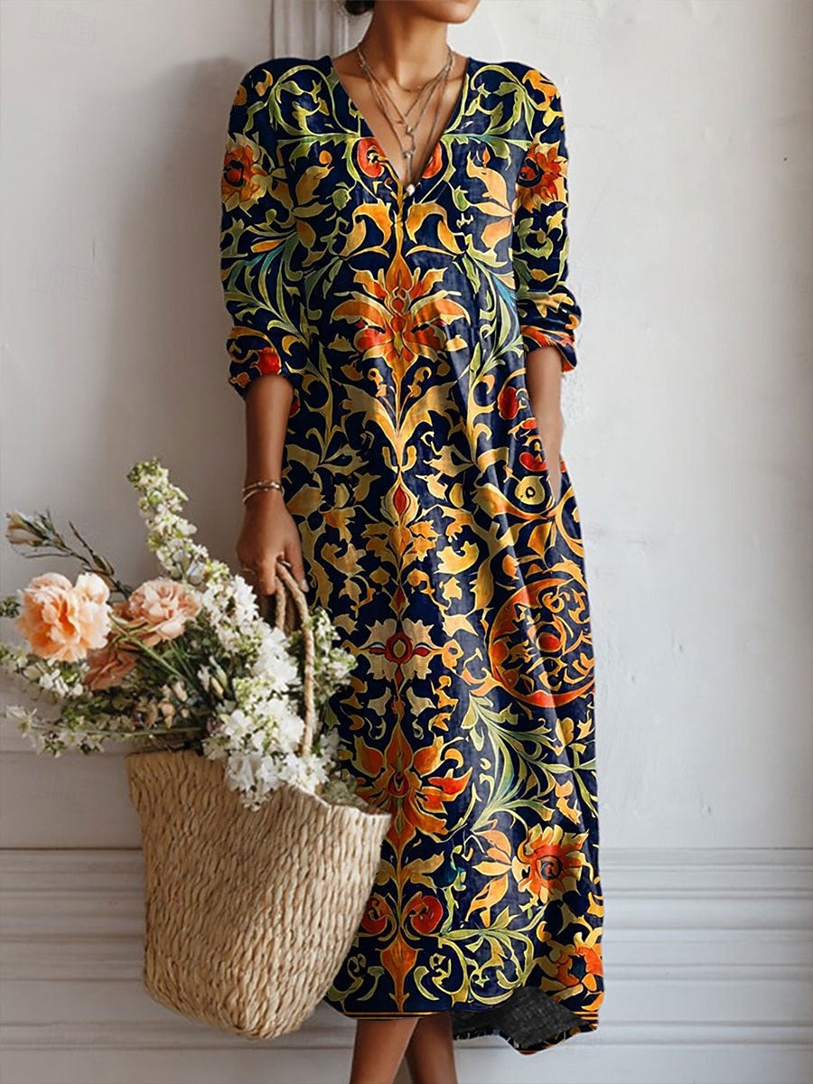 Yana everyday comfort dress in navy multicolour floral print, full-length front view