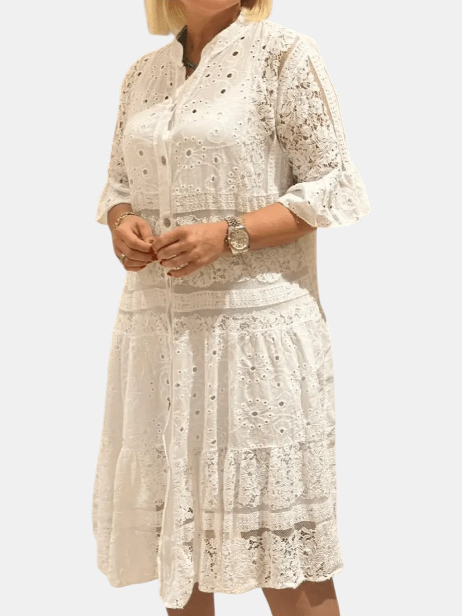 Cherylann floral midi dress in white, three-quarter front view