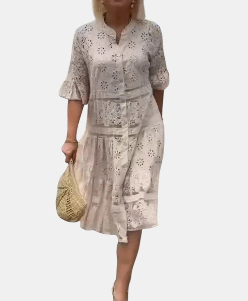Cherylann floral midi dress in beige, full-length walking view