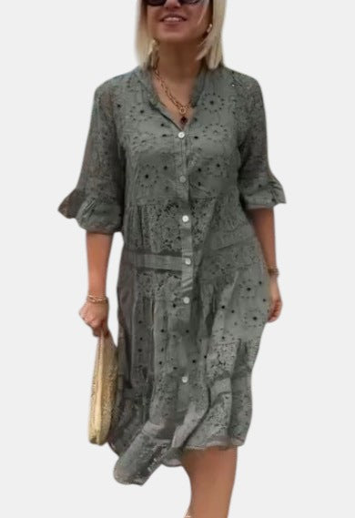 Cherylann floral midi dress in dark grey, worn with straw bag
