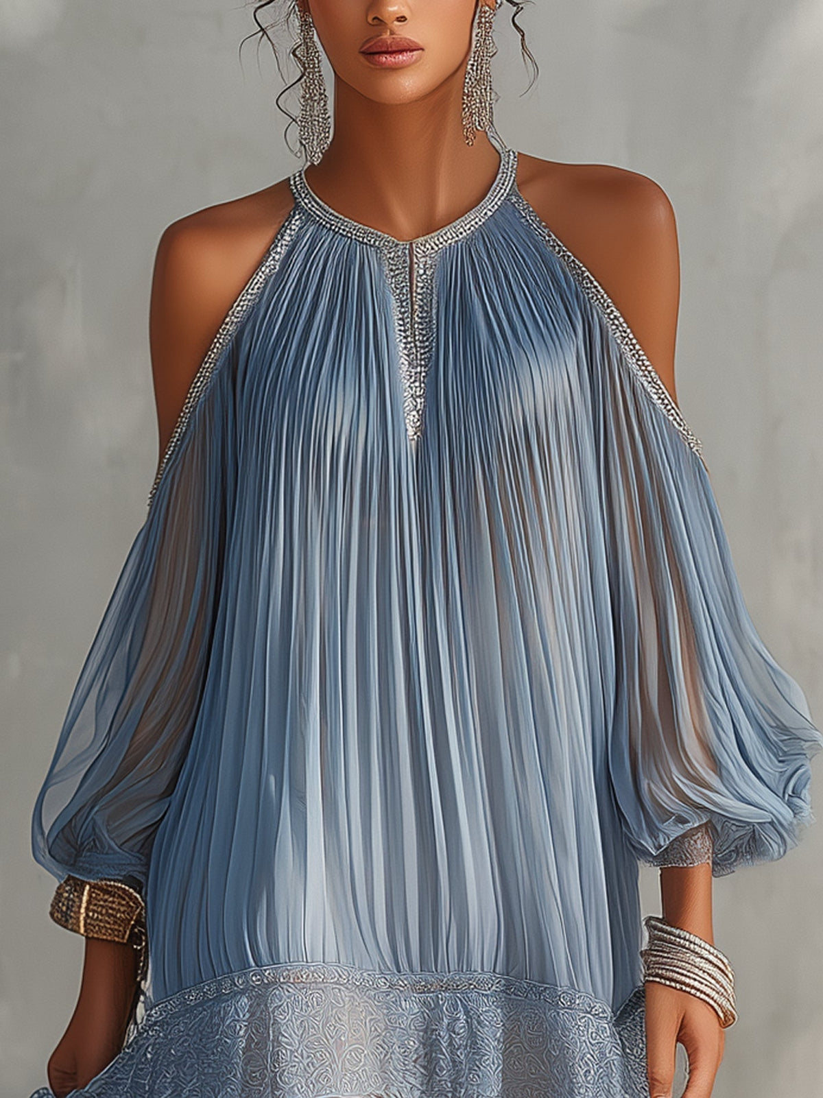 Séraphine blue dress close-up of sparkling neckline and open shoulders