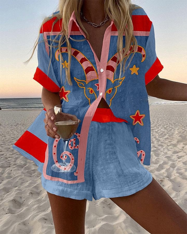 Celeste summer co-ord set in sky blue with red panels and Capricorn print, front view