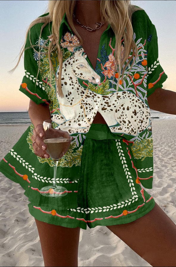 Fauna summer co-ord set in forest green with spotted horse print, front view