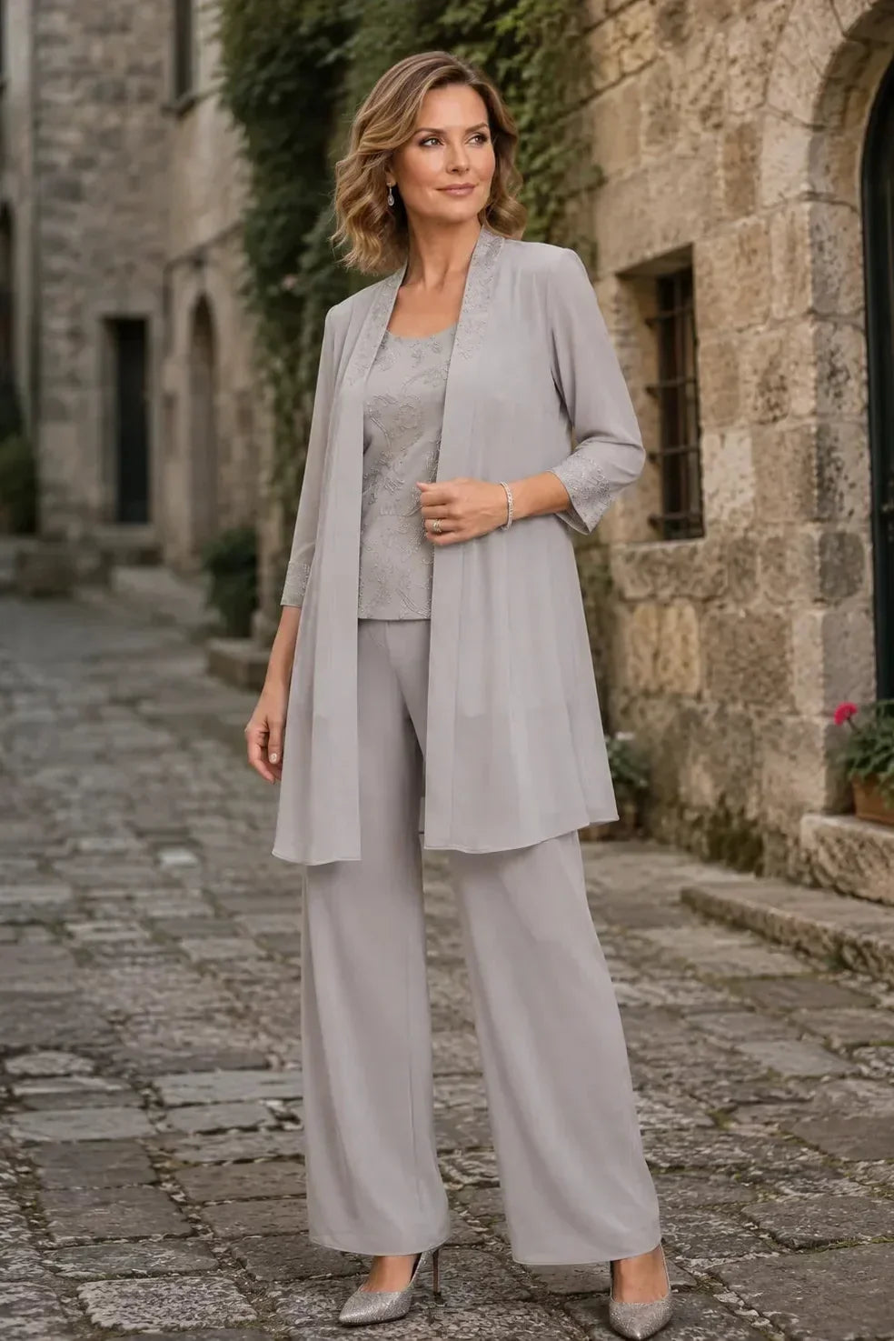 Anthea embroidered three-piece trouser suit in grey, full-length front view