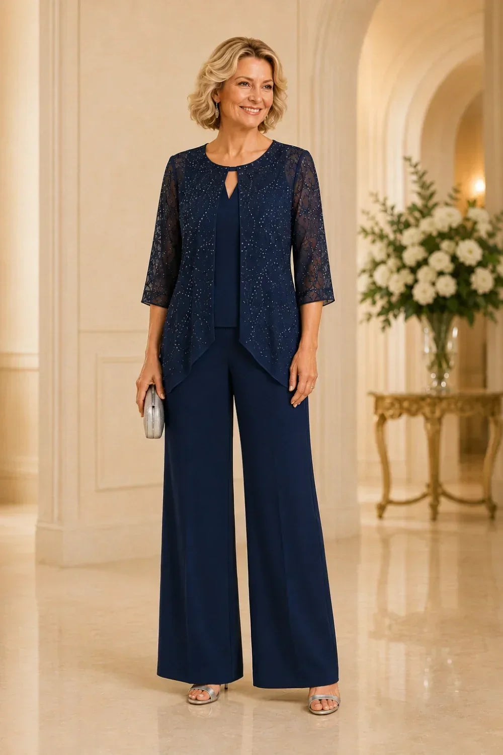 Meredith layered lace trouser suit in navy, full-length front view