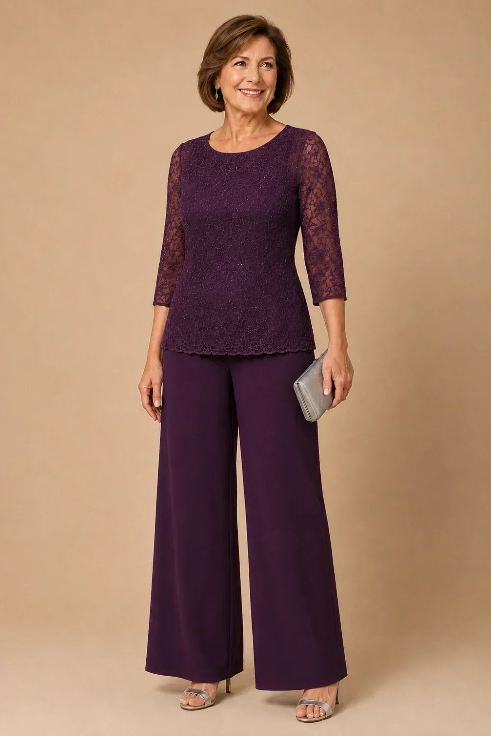 Priscilla beaded lace trouser suit in plum, full-length front view