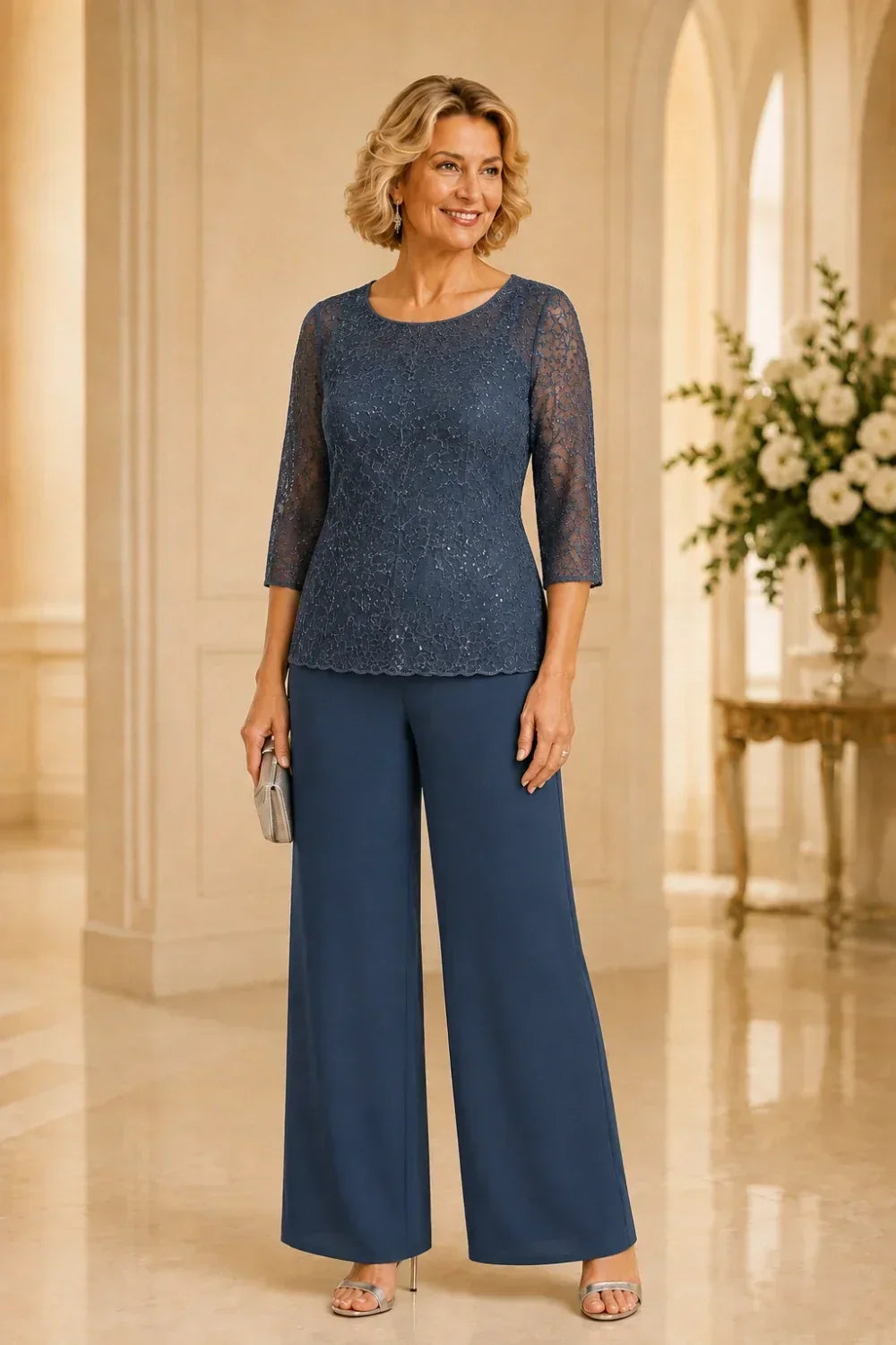 Priscilla beaded lace trouser suit in steel blue, full-length front view