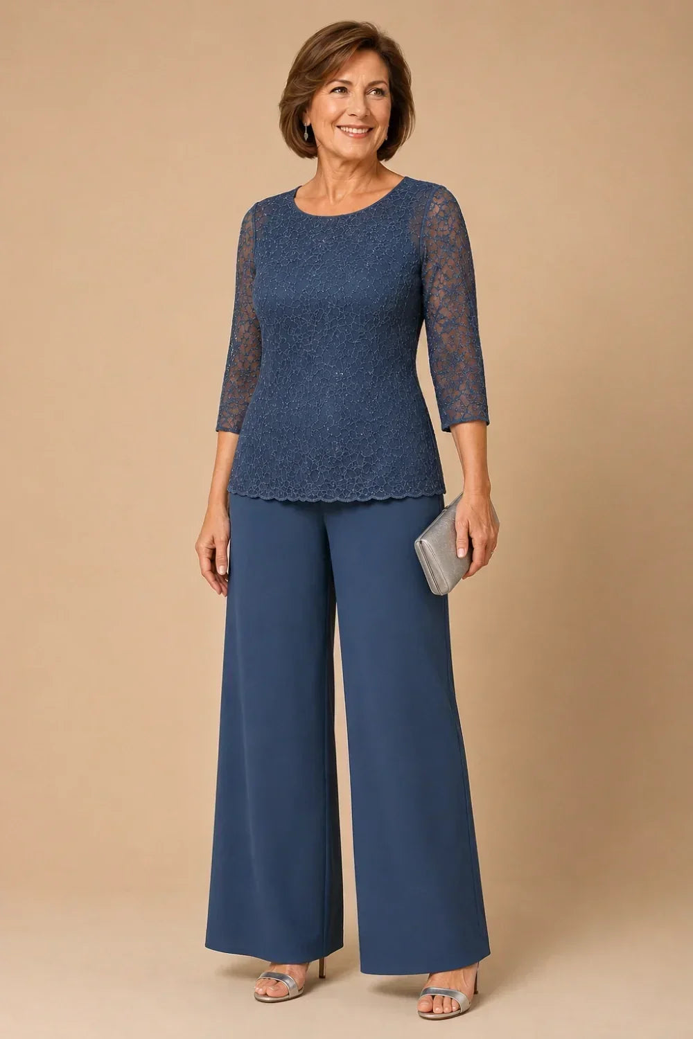Priscilla beaded lace trouser suit in steel blue, three-quarter front view