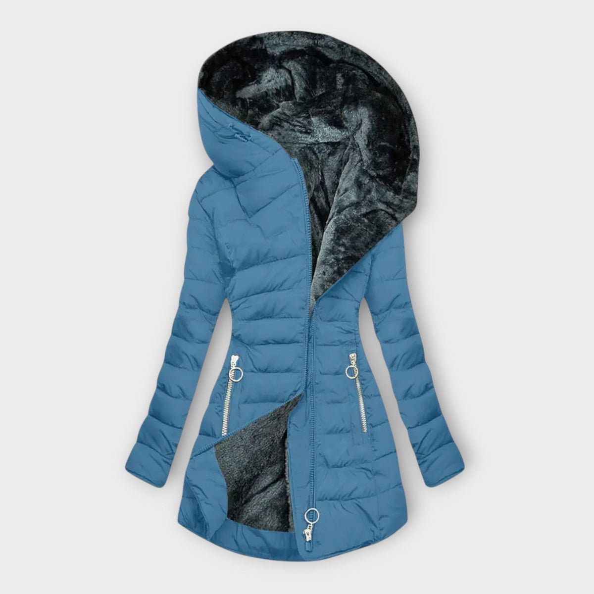 Florisse classic winter coat in blue, quilted front view