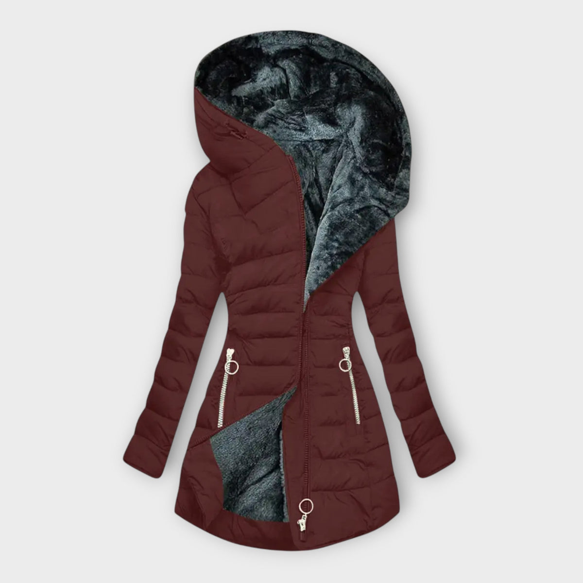 Florisse classic winter coat in wine red with zipped pockets