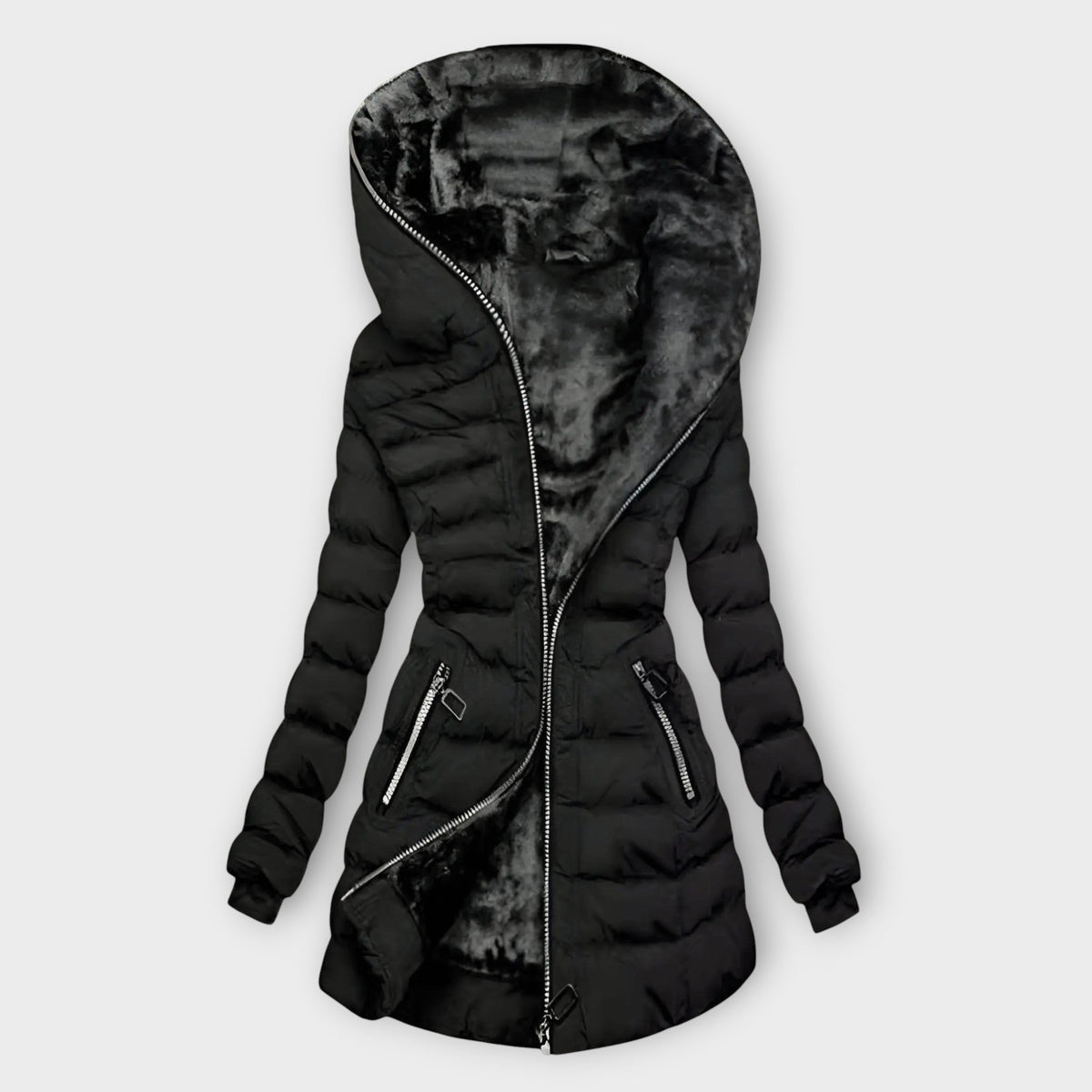 Florisse classic winter coat in black, hooded front view