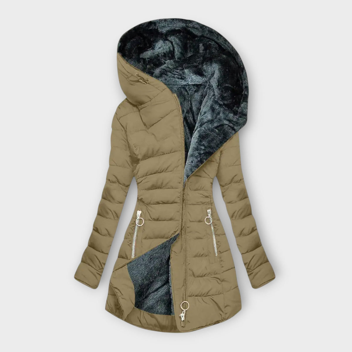 Florisse classic winter coat in khaki with fur-lined hood