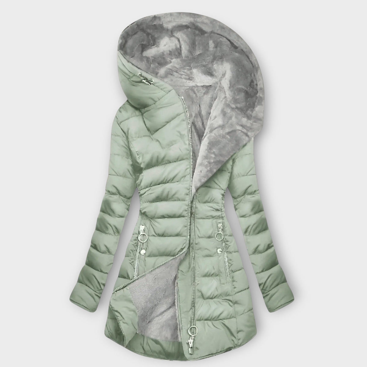 Florisse classic winter coat in sage green, hooded front view