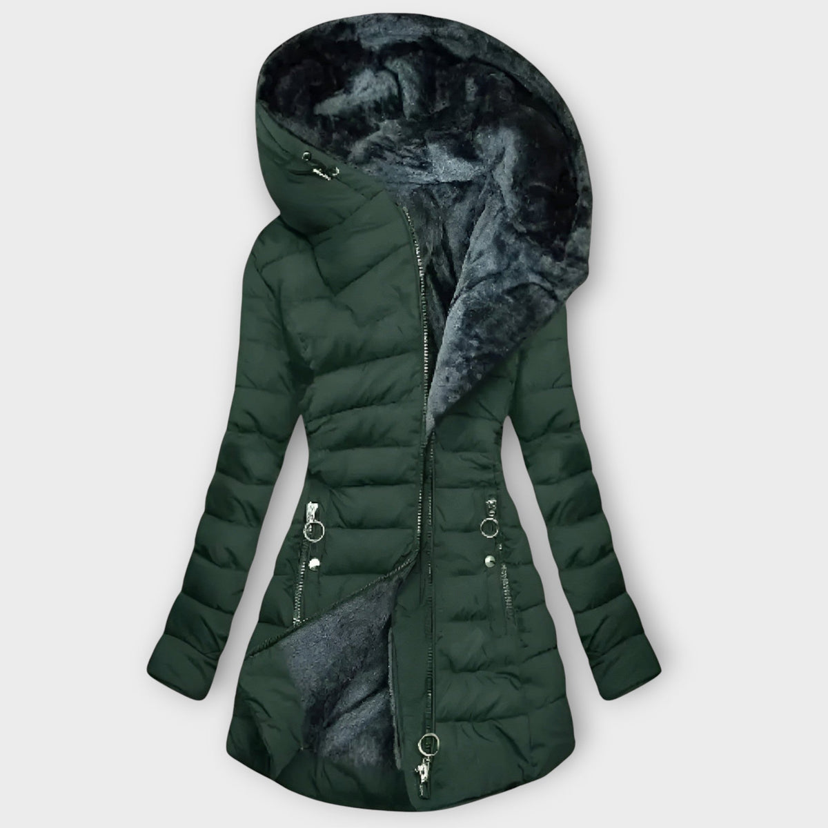 Florisse classic winter coat in dark green with teddy-lined hood