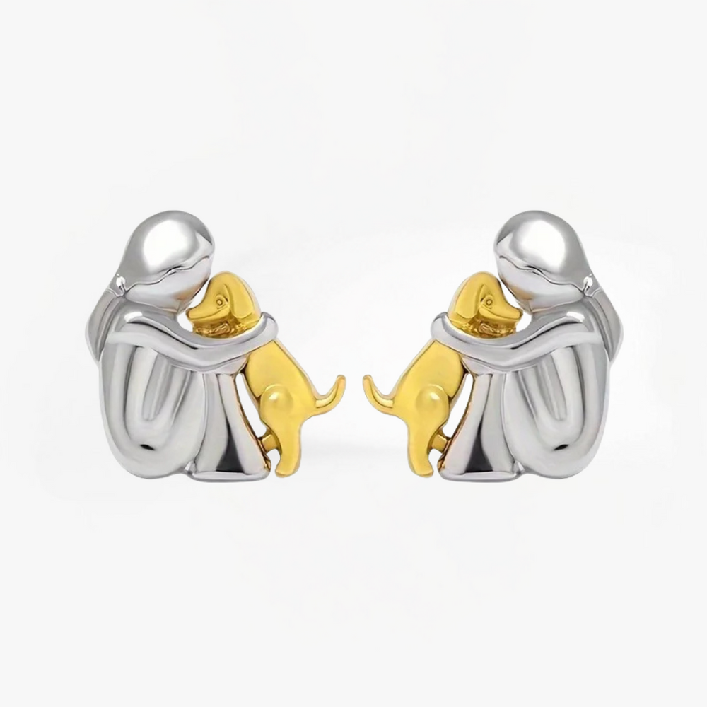 Seraphi dog icon earrings in silver and gold, front view