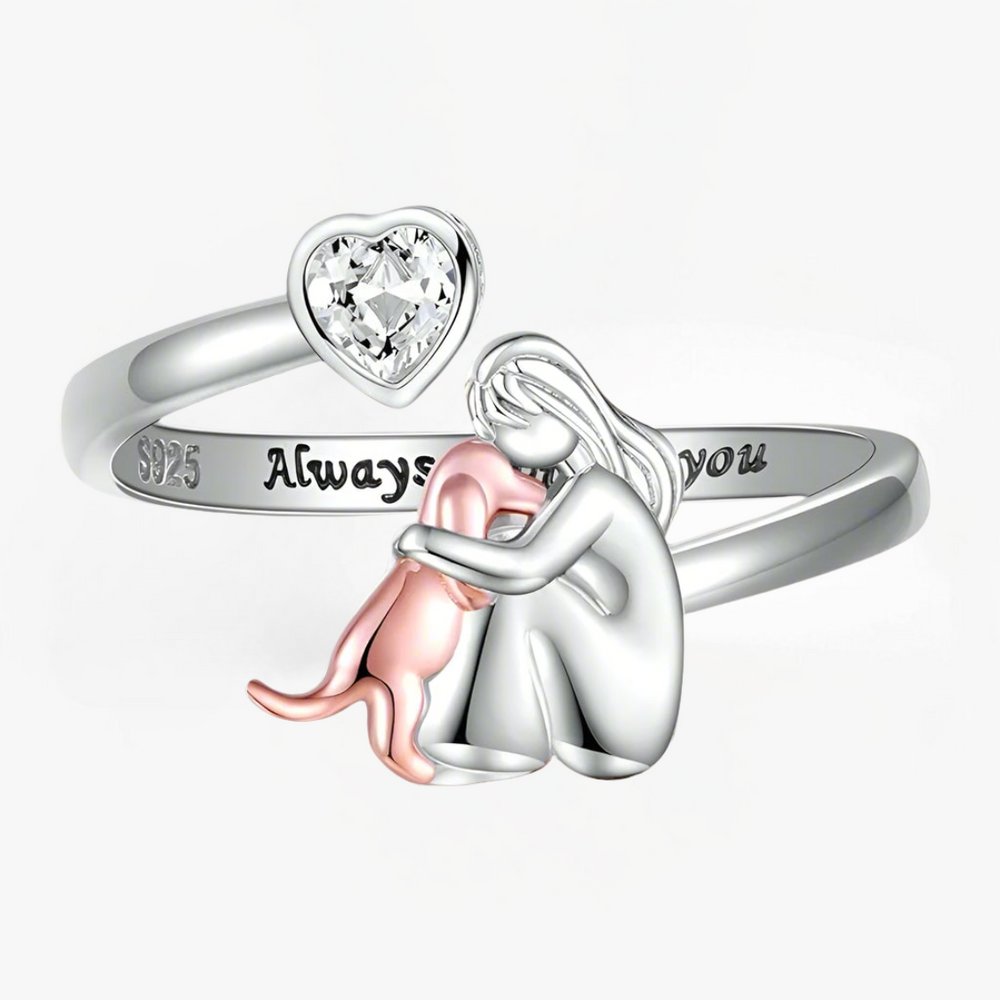 Eldit dog icon ring in silver and pink, front view with heart crystal
