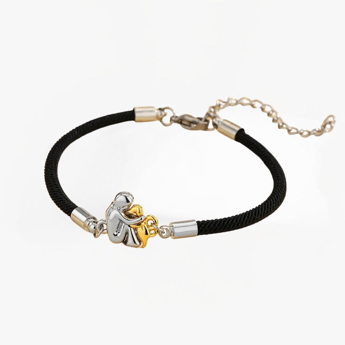 Black cord bracelet with silver and gold dog icon charm, full view