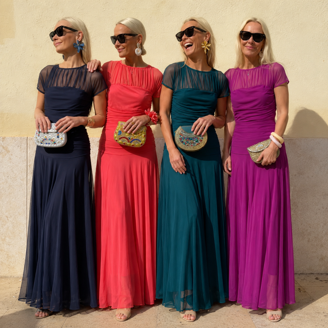 Lauren | Sheer-Yoke Ruched Chiffon Maxi Dress