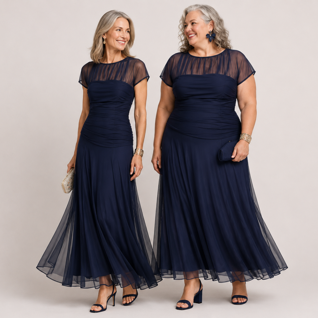 Lauren chiffon maxi dress in navy blue, worn by two models side by side