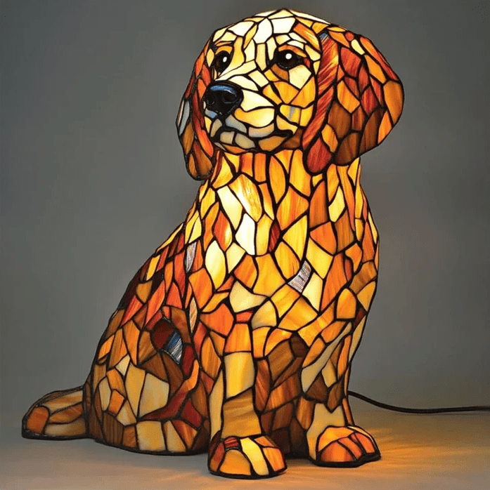 Golden retriever glow lamp in amber and cream mosaic glass, front view lit