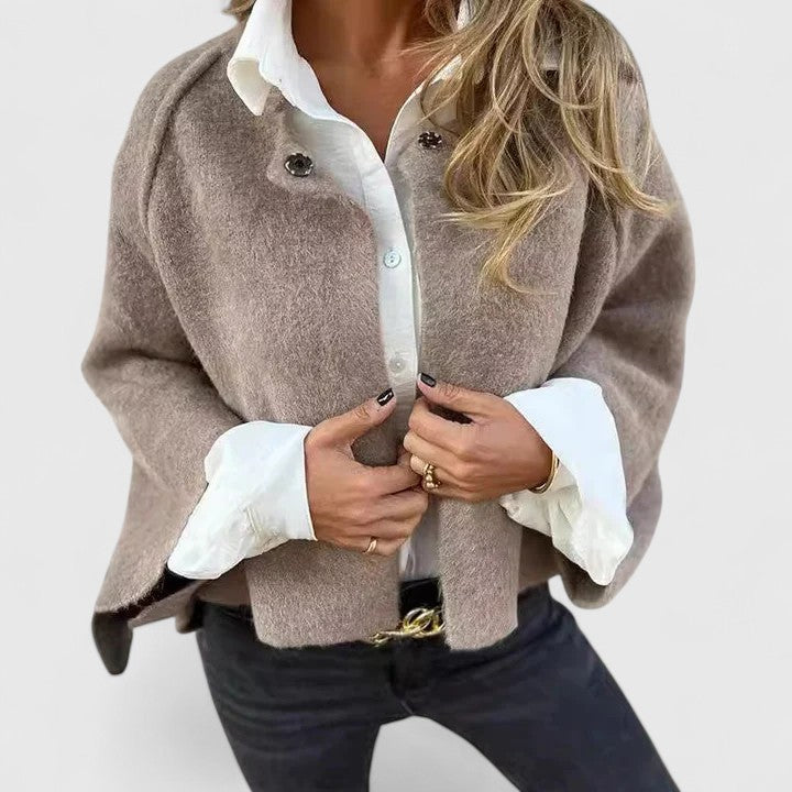 Mavis elegant comfort jacket in khaki, front view over white blouse