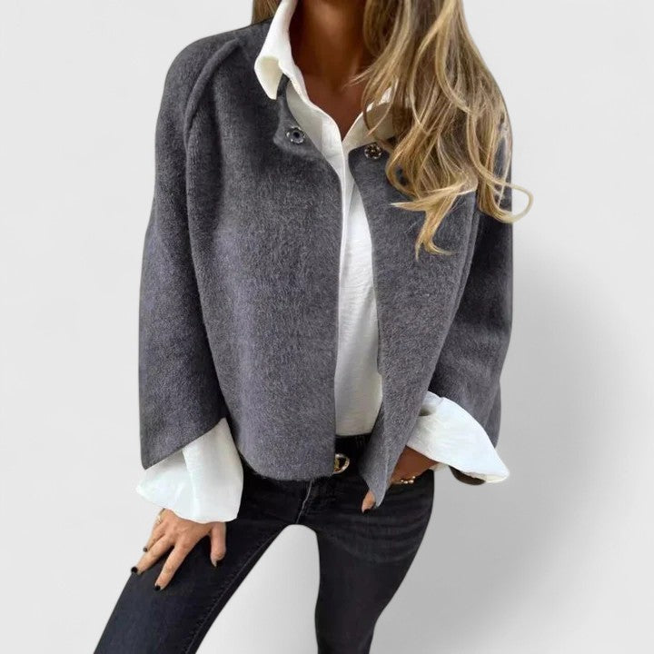 Mavis draped jacket in grey, three-quarter front view