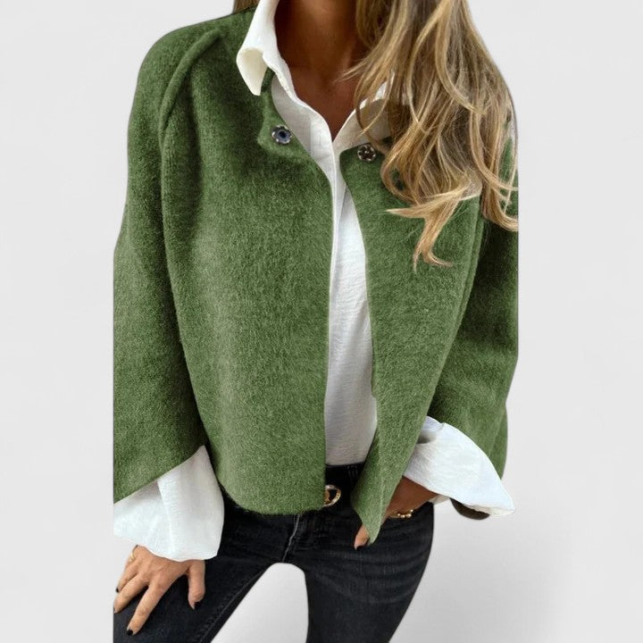 Mavis draped jacket in green, front view with dark jeans
