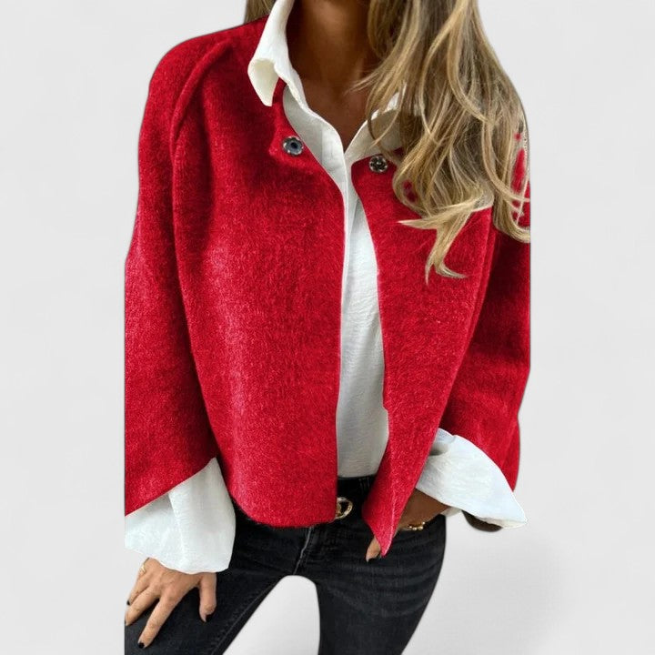 Mavis draped jacket in red, front view over white blouse