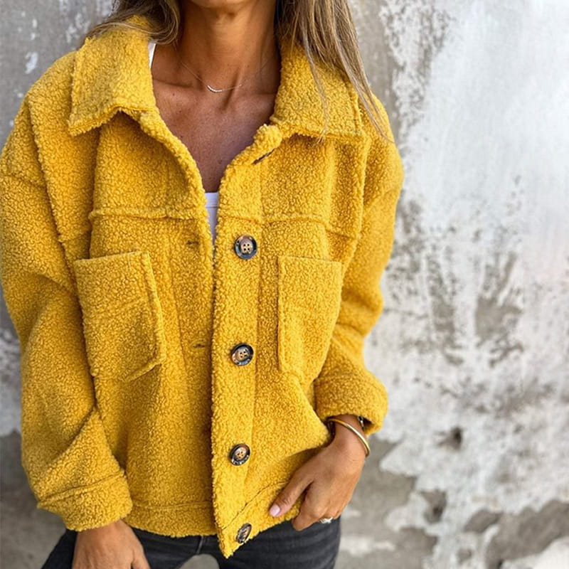 Laverinne cosy teddy jacket in yellow, front view with chest pockets
