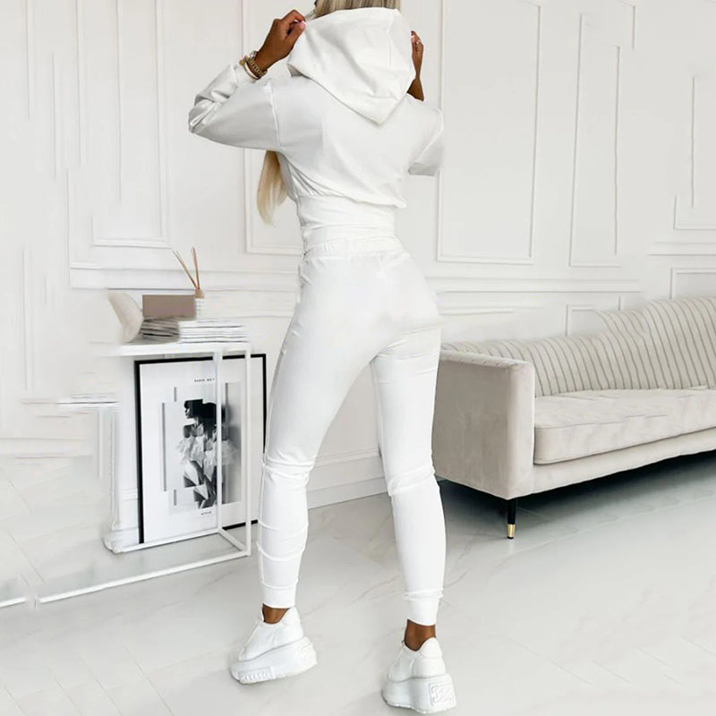 Quinn Icicle tracksuit in white, back view showing hood