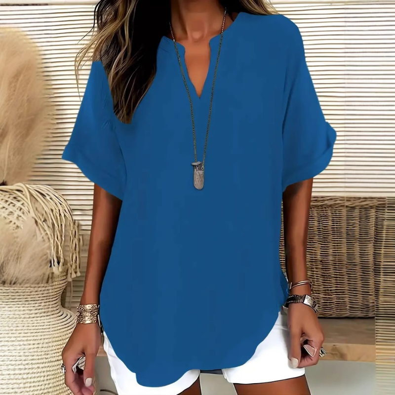 Livia airy V-neck blouse in deep blue, front view