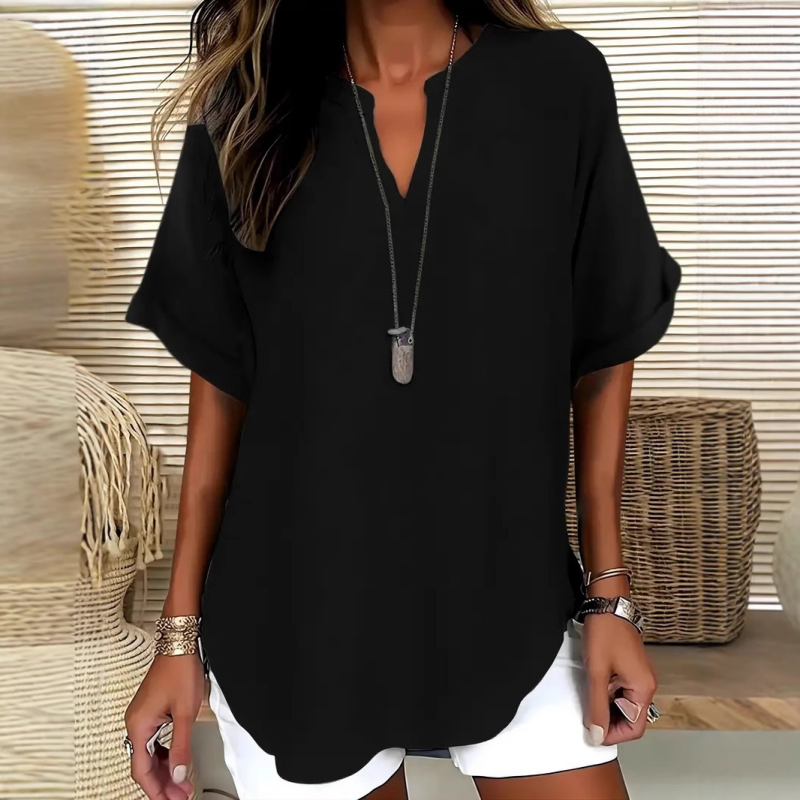 Livia airy V-neck blouse in black, full front view