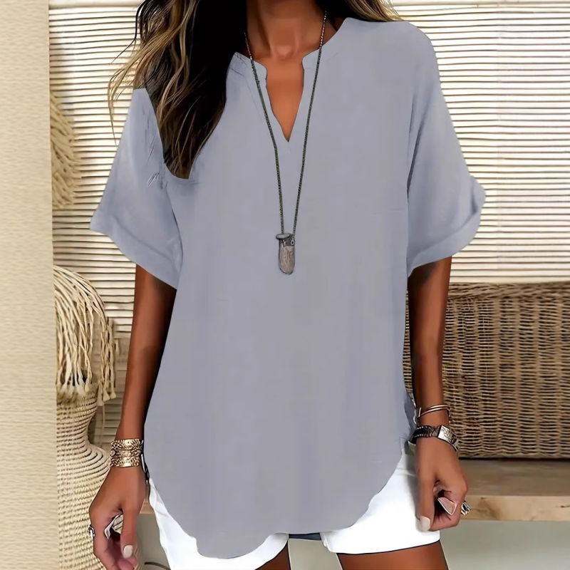 Livia airy V-neck blouse in grey, front view