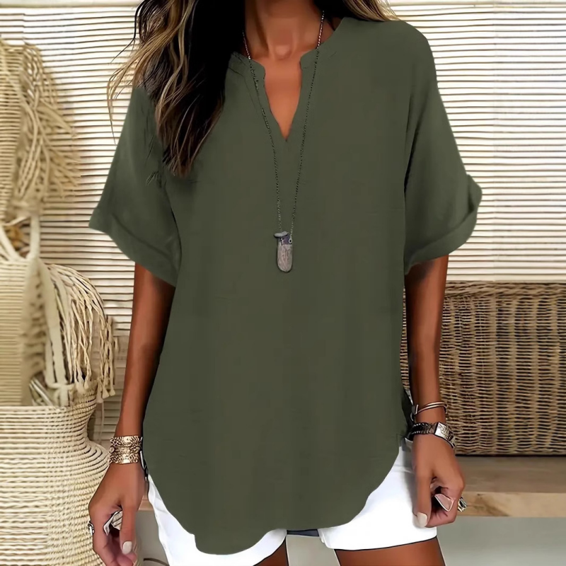 Livia airy V-neck blouse in green, front view