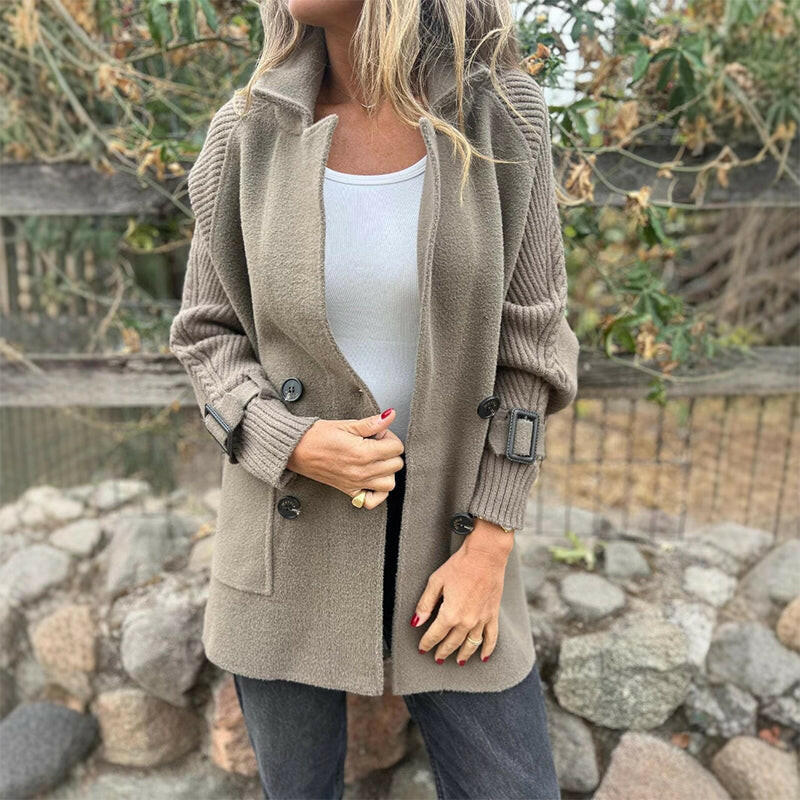 Honora double-breasted knit-sleeve coat in sage grey, worn open over a white top