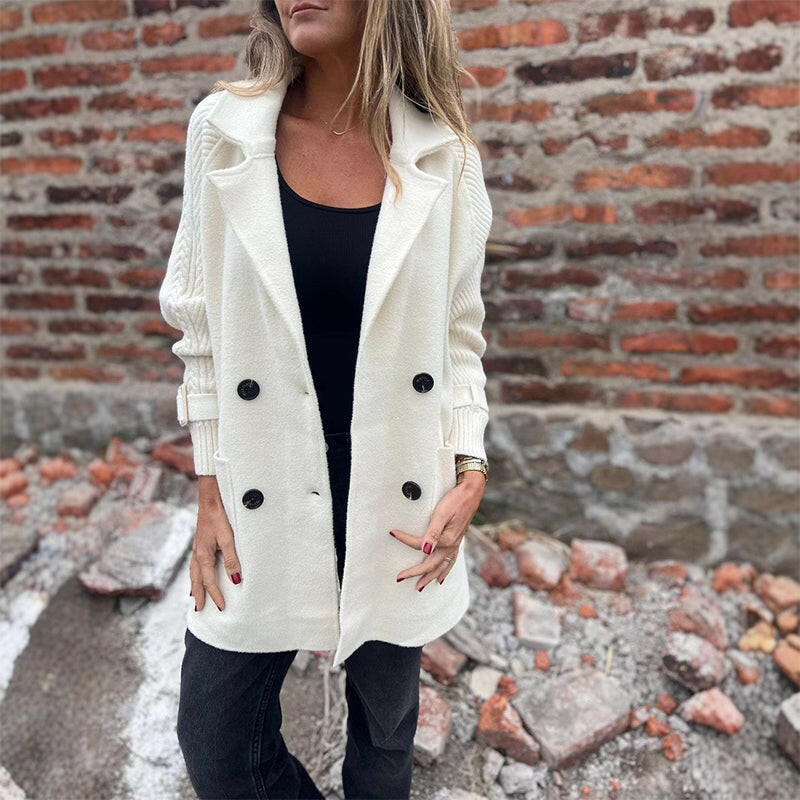 Honora double-breasted knit-sleeve coat in white, styled with black jeans