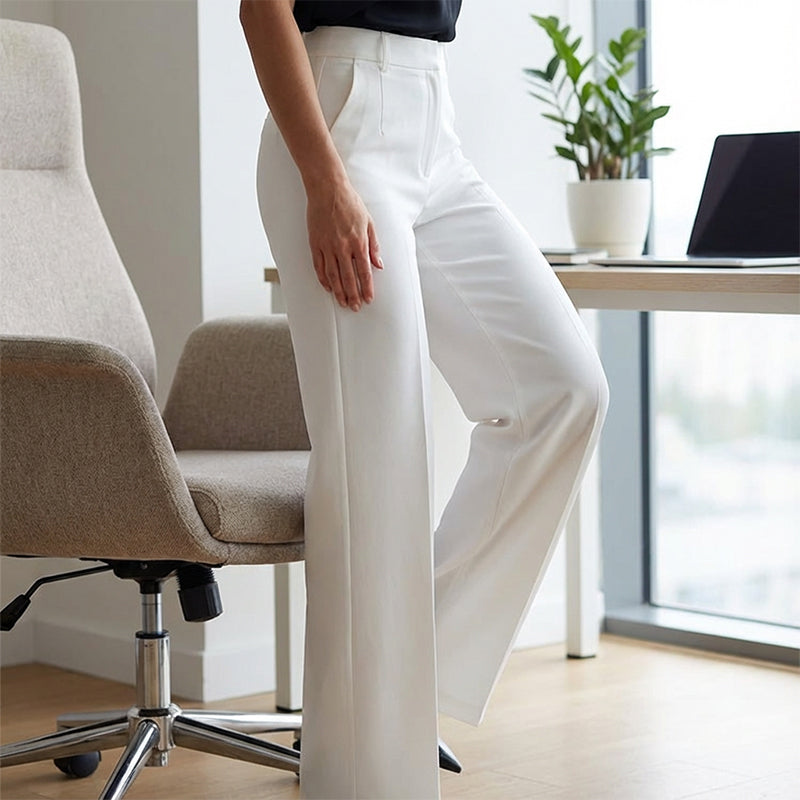 Margaret tailored comfort trousers in white, close-up of waist and leg