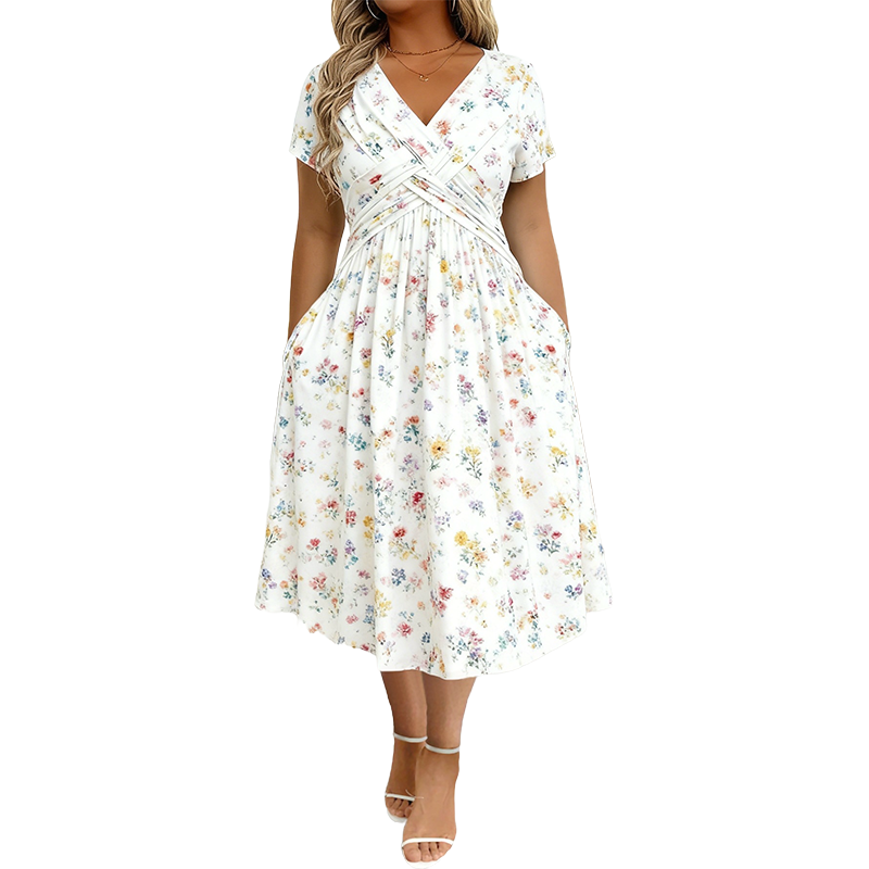 Elvie floral twist-waist dress in white, full-length front view
