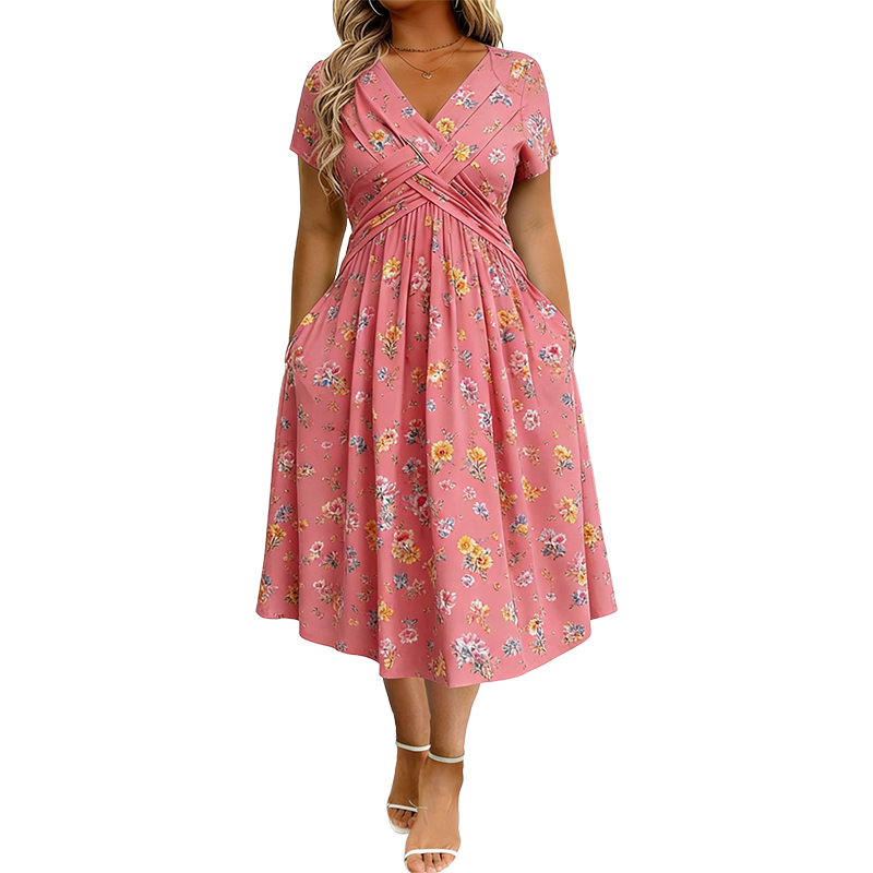Elvie floral twist-waist dress in pink, full-length front view
