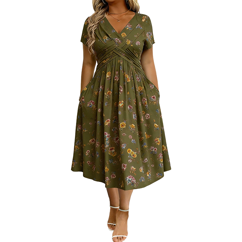 Elvie floral twist-waist dress in olive green, full-length front view