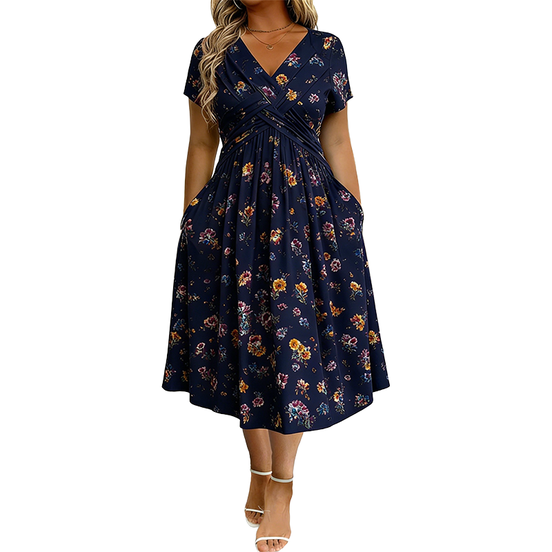 Elvie floral twist-waist dress in navy blue, full-length front view