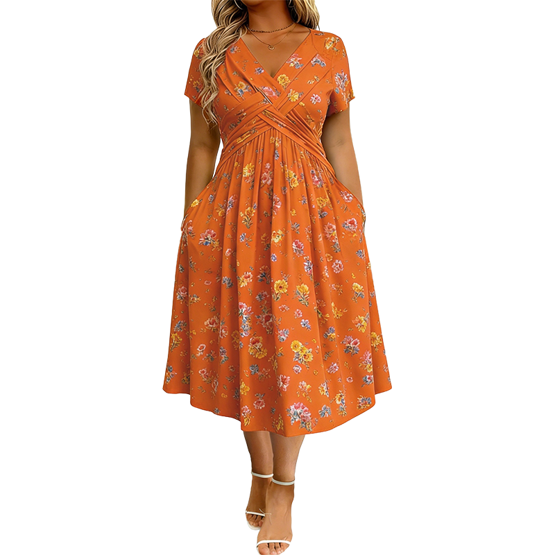 Elvie floral twist-waist dress in orange, full-length front view